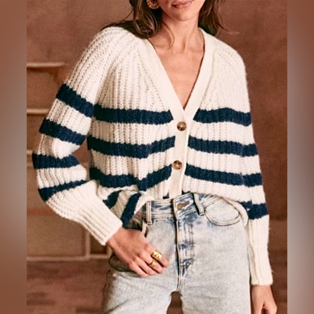 Sezane Basile Cardigan Oversized Alpaca Wool Striped Cream & Blue colors Size M